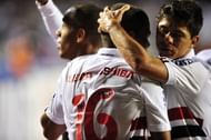 SAO PAULO, BRAZIL - APRIL 17: Ademilson of Sao Paulo celebrates a goal with teammates during the match between Sao Paulo and Atlético MG